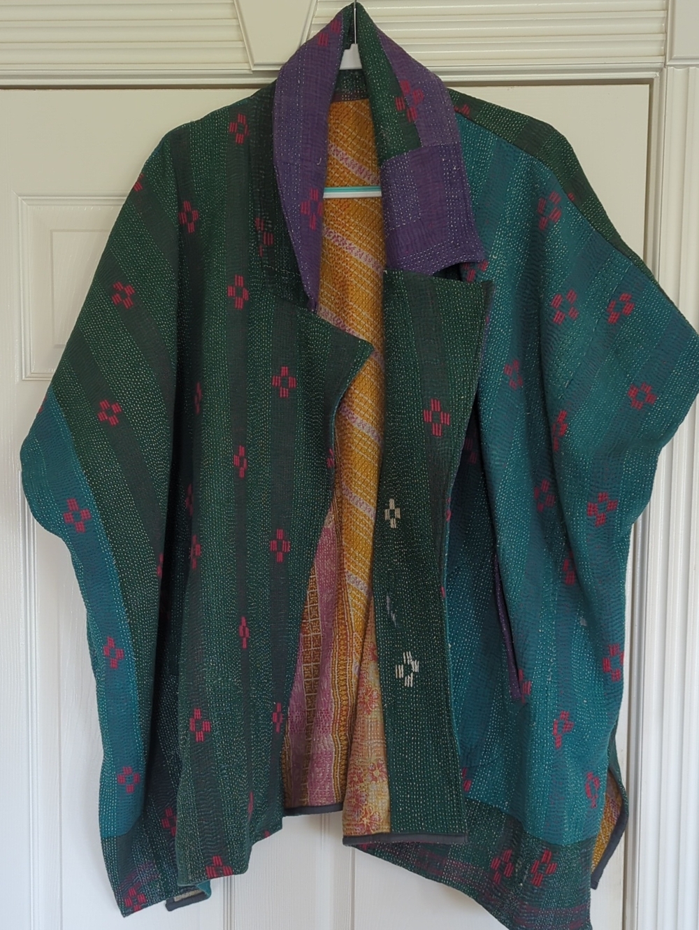 Sapana Slim Short  Teal & Green Patterned Women's Kantha Quilt Jacket